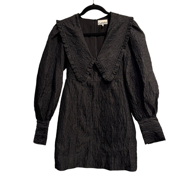 GANNI Jacquard Organza Black Mini Babydoll Dress SZ 34(2) Fairy Grunge Ethereal - Picture 2 of 10